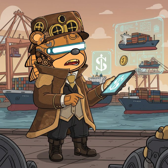A steampunk-style cartoon of a bear character wearing goggles and a top hat, holding a glowing tablet showing a dollar sign, with shipping containers and cargo ships in the background alongside holographic dollar and ship icons.
