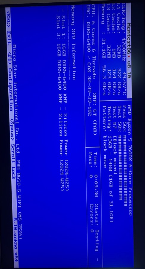 MemTest86 v7.0 boot screen from Micro-Star International showing AMD Ryzen 5 7600X test results with 32GB DDR5-6400 memory currently testing at 61% progress.