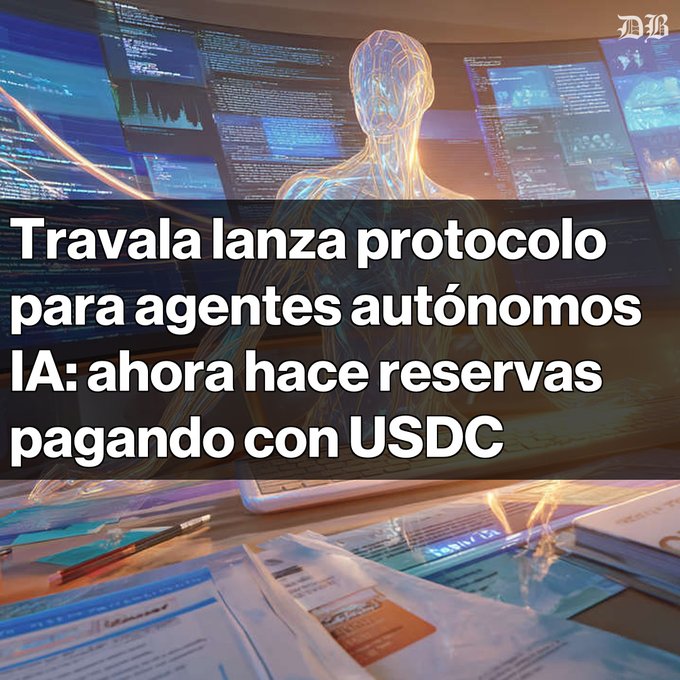 The image shows a computer screen displaying a program called "Travala Lanza Protocolo para agentes autonoma I." The text above the image reads, "Travala Lanza Protocolo que permiten a agentes de IA realizar reservas de hotel utilizando USDC". The image also includes a table with various documents and a laptop.