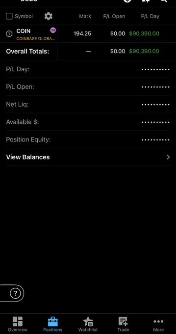 A mobile trading app screen showing positions for COIN on Coinbase Global with a mark of 194.25, displaying a P/L Day of $90,390.00 and overall totals matching the same profit figure.