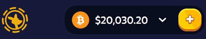 The image displays a Bitcoin (₿) ticker showing a price of $20,030.20, featured on a dark background with a Roobet logo (a stylized orange star/rocket emblem) on the left and an orange "+" button on the right, supporting the post's claim of tipping out £20,000 worth of crypto to fellow "Roos" (Roobet players) on the gambling platform.