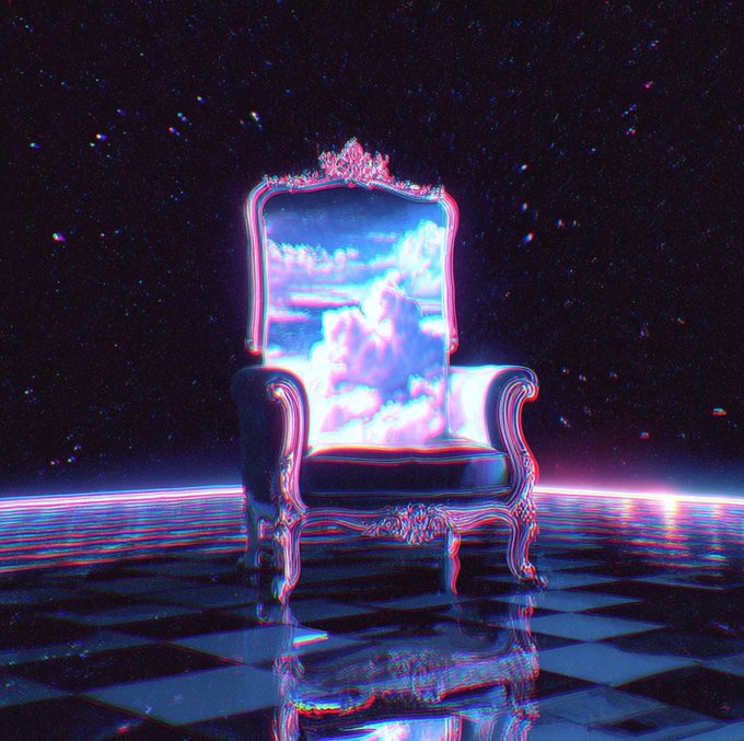 The image features a chair with a unique design, resembling a throne or a royal seat. The chair has an ornate frame and a cushion that appears to be made of clouds. It is situated on a checkered floor, which adds to its regal appearance. The chair's position in the center of the image draws attention to it as the main subject. In the background, there are stars scattered across the sky, creating an otherworldly atmosphere. The post that accompanies this image reads: "//WIP_v421974928".