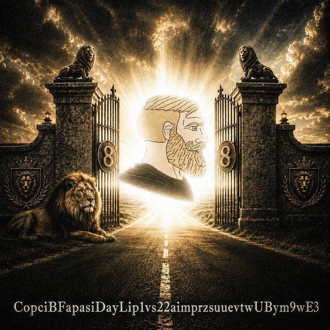 A surreal sepia-toned image features a bearded man's head floating between ornate gates guarded by lions, with alphanumeric text 'CopciBFapasiDayLip1vs22aimprzsuuevtwUBym9wE3' at the bottom.