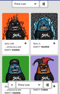 A marketplace interface displaying four NFT collectible cards labeled SEAL, sorted by Price Low, with rarity percentages like 64/906 and 162/906 visible.