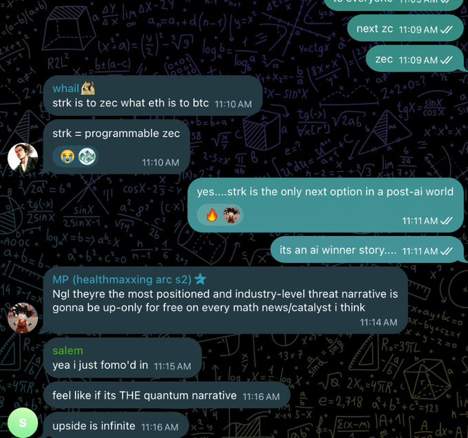 A Telegram chat discussing cryptocurrencies references "strk is to zec what eth is to btc," with users debating $STRK as a "programmable zec" and an "AI winner story," calling it "the only next option in a post-ai world." The conversation concludes that while $STRK has merit, $ZEC is the correct coin for the "quantum narrative" with infinite upside, aligning with the poster's view that finding the right coin for a thesis is a generational spot hold.