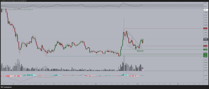 The image is a TradingView candlestick chart for SUI/USD on Binance, showing a recent upward trend within a bullish flag/consolidation pattern, with a drawn horizontal resistance level near $1.50. It visually supports the post's claim by illustrating SUI's recent consolidation following a strong rally, suggesting a potential breakout toward the $1.50 price target.
