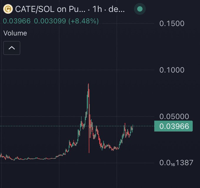 The image shows a 1-hour price chart for the CATE/SOL trading pair on Pump, currently at 0.03966 with an 8.48% gain (+0.003099), displaying a volatile price action that includes a sharp spike to roughly 0.08 followed by a pullback. The chart serves as visual evidence to counter the "grave dancing" claim that the $CATE token rugged everyone, showing the token recovering and trading higher rather than dying off.