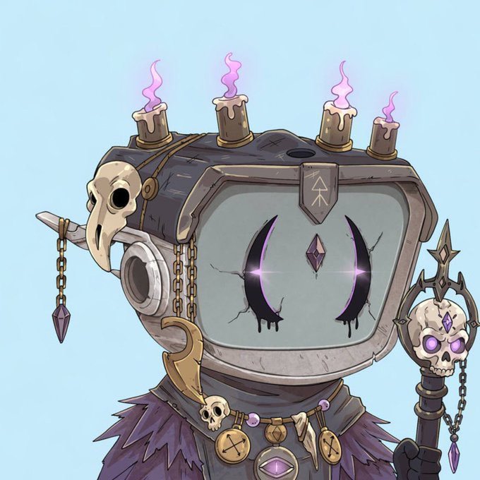 A digital illustration of a stylized character with a cracked TV/monitor for a head, featuring purple glowing eyes and four lit candles on top, adorned with skull motifs and holding a skull-topped staff.