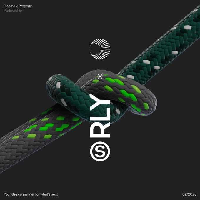 A promotional graphic titled 'Plasma x Properly Partnership' featuring an intricate 3D knot of dark green and neon green braided ropes with 'PROPERLY' branding and the tagline 'Your design partner for what's next', dated 02/2026.