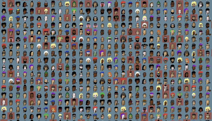 A dense grid of hundreds of pixel-art CryptoPunk characters against a blue background, representing the NFT collection being used to illustrate the post's update that 1 Punk now equals 1.04 Bitcoin.