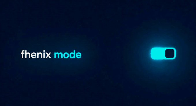 A dark screen displays the text 'fhenix mode' next to a glowing blue toggle switch in the 'on' position.