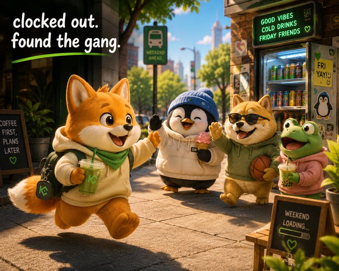 A cheerful group of animal characters—a fox, penguin, dog, and frog—gather outside a shop with signs reading "GOOD VIBES COLD DRINKS FRIDAY FRIENDS," "FRIYAY!," and "WEEKEND LOADING," capturing the post-work excitement of "clocked out, found the gang."