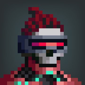 Voxel-style 3D portrait of a character wearing a dark helmet with a red top crest and a glowing red visor, set against a dark gray background.