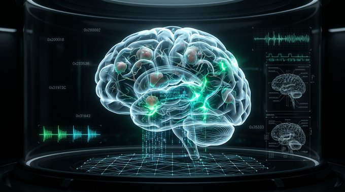 A translucent 3D holographic brain is displayed within a cylindrical chamber, illuminated by glowing green neural activity traces and accompanied by waveform readouts, anatomical diagrams, and floating data labels such as "0x200018," "0x288892," "0x223536," "0x19730," "0x1642," and "0x35333" — visually representing the described biophysical cortical simulation that ingests MOUSE transaction hashes from the Robinhood Chain consensus client to modulate membrane conductance across 12,000 neurons.