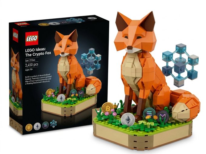 The image shows a LEGO Ideas "The Crypto Fox" set (21357) with 2,450 pieces, featuring a block-built fox sitting on a grassy base alongside cryptocurrency coins and a translucent blockchain structure, displayed next to its retail packaging.