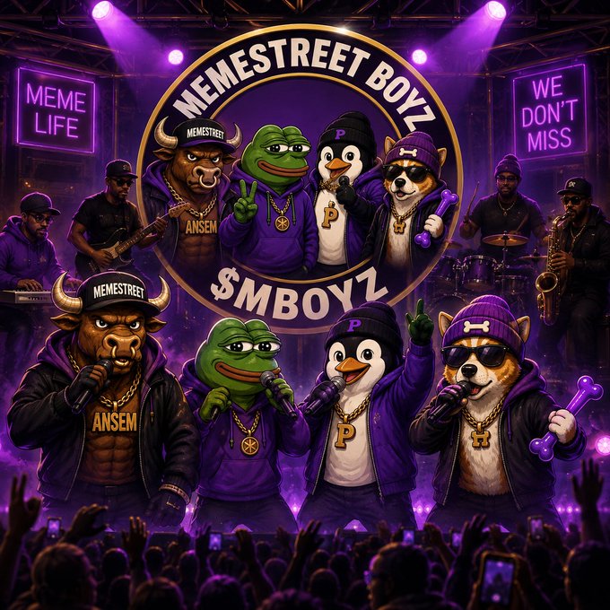 A concert-style promotional image features anthropomorphic mascot characters—a bull, Pepe frog, penguin, and dog—dressed in streetwear and performing on a purple-lit stage, with logos reading "MEMESTREET BOYZ," "$MBOYZ," "MEME LIFE," and "WE DON'T MISS." The image visually represents the meme project's hype and "boy band" branding, aligning with the post's teaser about MEMESTREET BOYZ gaining early momentum before the contract address reveal.