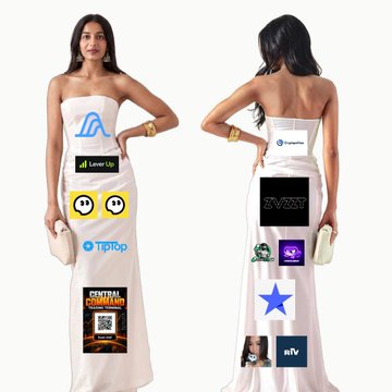 The image shows a model wearing a white strapless dress covered with various crypto project logos including Layer Up, TipTop, Starbuck, Central CeeLand, a large blue star, and others. The post celebrates a new addition to the Hyperliquid community named @0xhypebae, with the sponsor logos on the dress highlighting the crypto brands associated with this community acquisition at Token2049.