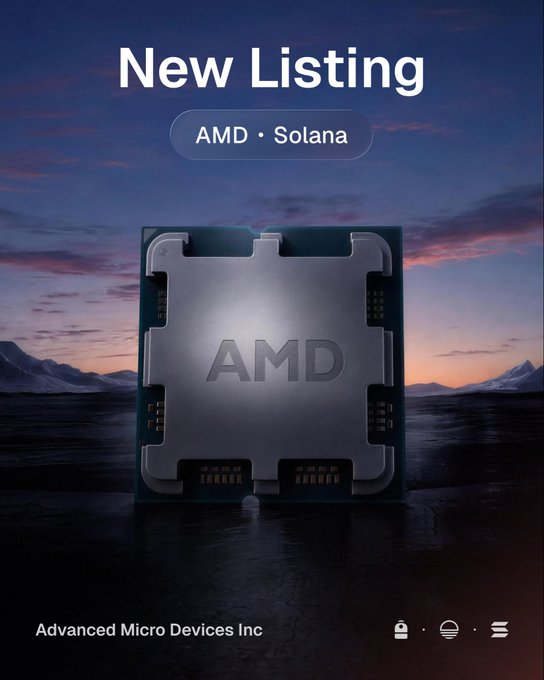 A 'New Listing' promotional graphic for AMD (Advanced Micro Devices Inc) and Solana on a Solana platform, featuring an AMD CPU chip against a sunset landscape.