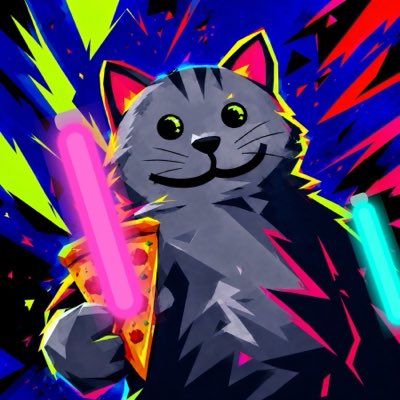 A stylized digital artwork of a smiling grey cat holding glowing pink and blue sword-like weapons against a colorful shattered background.