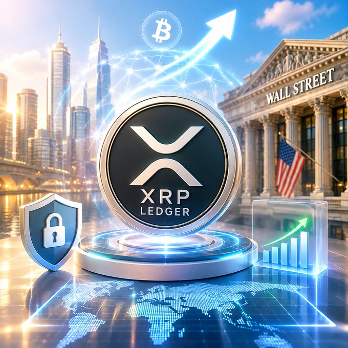 A digital graphic showing a large XRP Ledger coin centered between a security shield, a bar chart, and the New York Stock Exchange building, with Bitcoin and an upward arrow in the background.