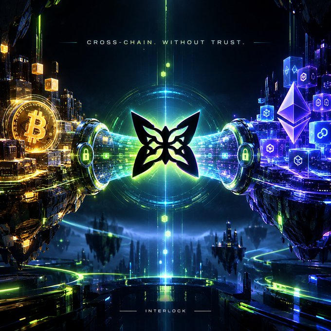 A futuristic digital artwork with the text 'CROSS-CHAIN. WITHOUT TRUST.' and 'INTERLOCK', depicting a central butterfly-like emblem between Bitcoin and Ethereum symbols.