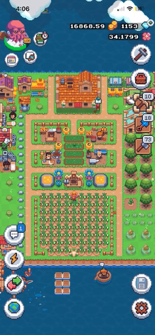 A top-down farming simulation game with various crops, buildings, and resource counters showing 16,868.59 coins, 1,153 of another currency, and 34.1799 of a third.