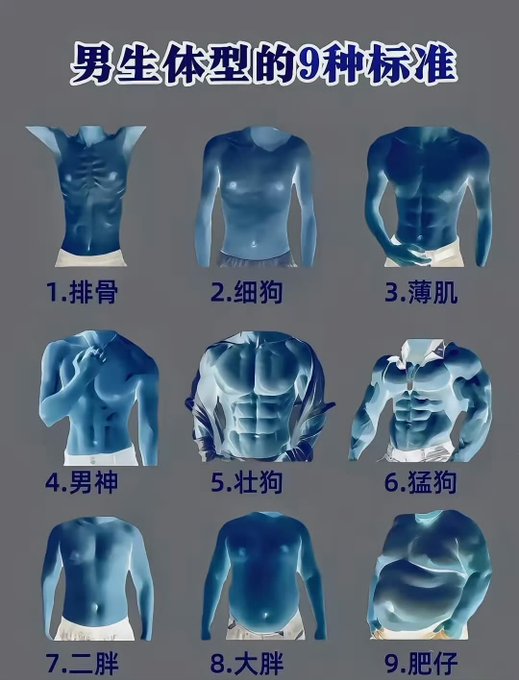 A Chinese infographic titled '男生体型的9种标准' (9 standards of male body types), showing 9 illustrated torso figures categorized from '1.排骨' (ribs/skinny) to '9.肥仔' (chubby).