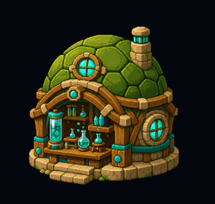 A fantasy-style 3D rendered building resembling a green dome-covered hut or shop with stone accents, arched windows, and wooden beams, likely a game asset.