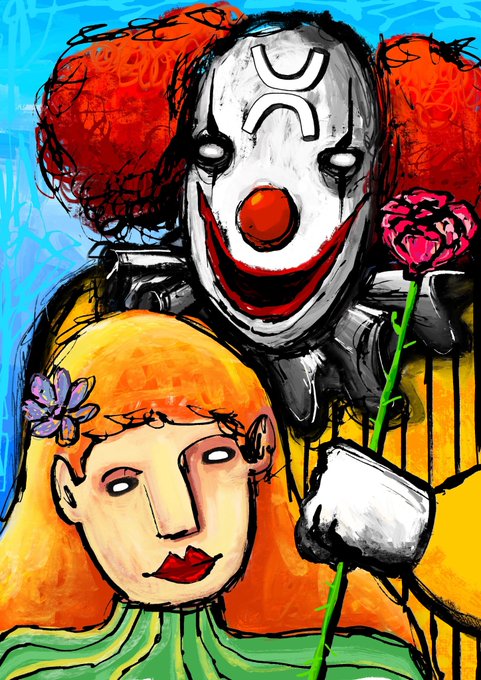 A vibrant, expressionistic painting depicting a sad clown with red hair and a smiling mask behind a young blonde woman with blank white eyes, holding a pink rose.