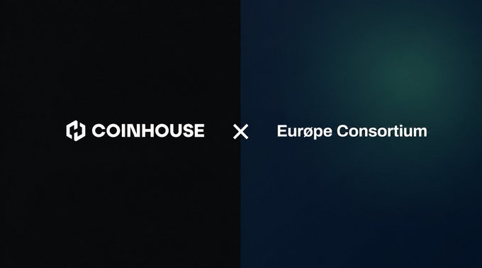A promotional graphic showing the Coinhouse logo on a black background next to the Europe Consortium logo on a dark blue background, separated by an 'x' symbol indicating a partnership.