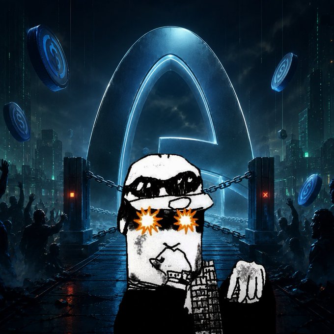 Stylized digital artwork of a hand-drawn character with glowing star-shaped eyes holding a wallet, standing before a large glowing 'A' symbol and chains in a dark cyberpunk cityscape.