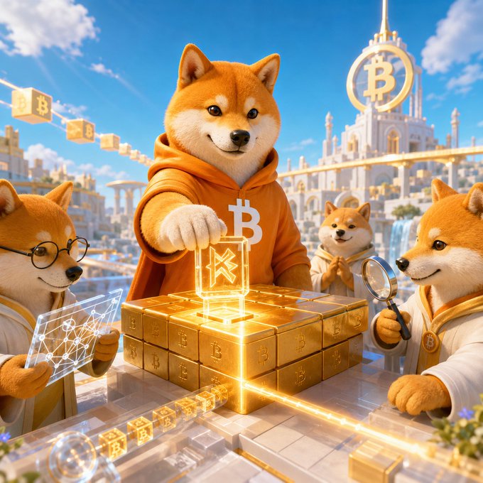 An AI-generated illustration of anthropomorphic Shiba Inu dogs (meme crypto mascots) in orange robes interacting with glowing golden Bitcoin blocks and cryptocurrency symbols in a futuristic city setting.