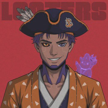 An anime-style illustration of a male character with a purple pirate hat, orange hair, and heterochromia (one yellow eye, one blue eye), smiling with a small purple creature beside him.