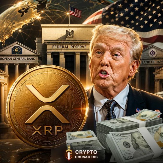 This image depicts a large XRP coin in front of the Federal Reserve and other central bank buildings, with a figure resembling Donald Trump and stacks of US dollars, visually representing the post's claim that crypto stablecoins are strengthening the dollar.