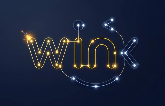 A glowing neon-style typographic design spelling 'wink' in yellow and white lights against a dark blue background.