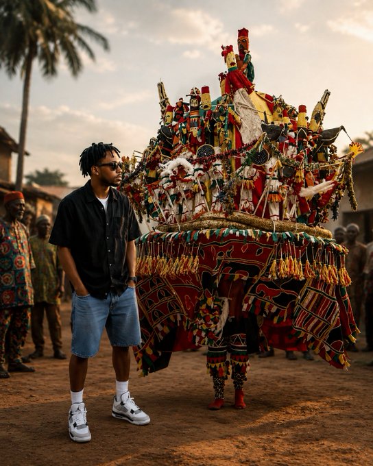 A man in a black shirt and denim shorts standing next to an elaborate, colorful traditional masquerade figure (Egungun) covered in vibrant red, gold, and green fabrics with decorative elements, set in what appears to be a West African village setting.