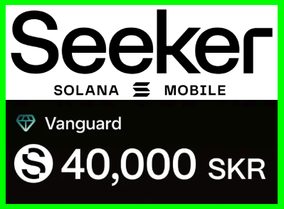 The image features a black and white sign with the text "Seeker" written in large, bold letters at the top. Below this, there are two smaller texts that read "SOLANA E-Mobiles" and "VANGUARD", indicating that the sign is related to Solana E-Mobiles or VANGUARD. The background of the image is green, which contrasts with the black text on the sign. There's also a small diamond shape in the bottom left corner of the image.
