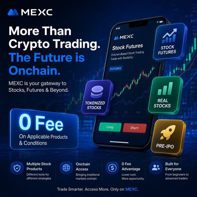 An advertisement for MEXC cryptocurrency exchange displays a smartphone showing 'Stock Futures' interface, with text 'More Than Crypto Trading. The Future is Onchain.' and '0 Fee' offer.