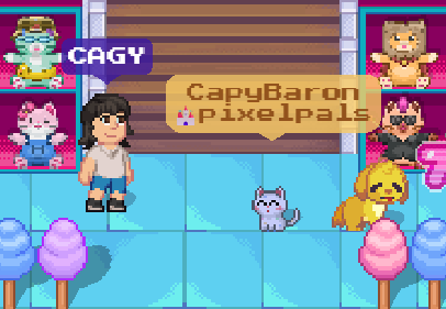 A pixel art scene showing the username 'CapyBaron' with a 'CAGY' label, featuring a character standing in a room surrounded by animal pixel art characters.