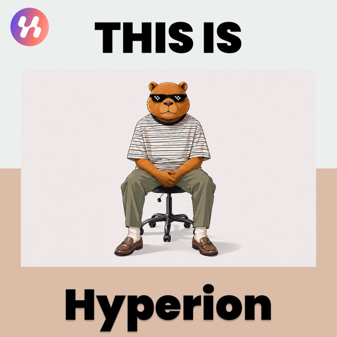 A meme-style graphic featuring a bear character wearing pixelated sunglasses and a striped shirt sitting on a rolling office chair, with the text "THIS IS Hyperion" and a Hyperion logo in the top left.