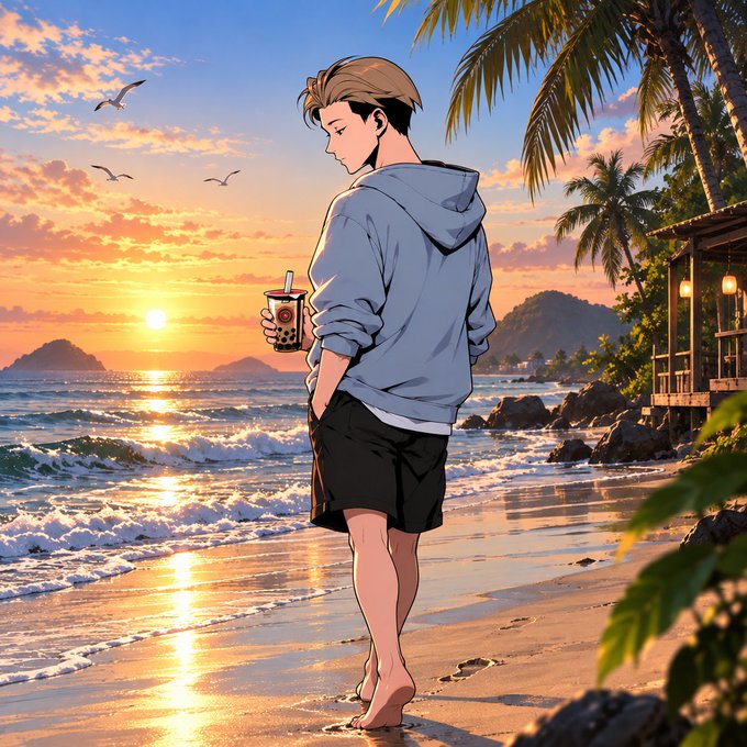 An anime-style illustration of a young man with blonde hair in a gray hoodie and black shorts, standing barefoot on a beach holding boba tea and watching the sunset.