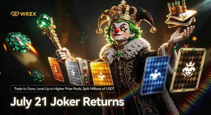 A promotional WEEX advertisement featuring a jester/king character with a crown and scepters, showing cryptocurrency trading cards and text 'Trade to Grow, Level Up to Higher Prize Pools, Split Millions of USDT' and 'July 21 Joker Returns'.