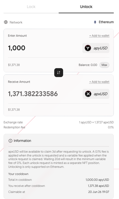 The image depicts an infographic with three different versions of the process for accessing a cryptocurrency wallet. The first version suggests that locking takes place only once, while the second version allows locking twice, each time requiring a 20-day waiting period before receiving the updated balance. The third version seems to change the lock duration and charges a 0.1% fee on applying for unlocking. All these versions have been applied to the current process in the app. This information is relevant to the post about the AppUSD wallet because it could explain how the locking mechanism works or how the user can ensure they receive their updated balance accurately after each unlocking attempt.