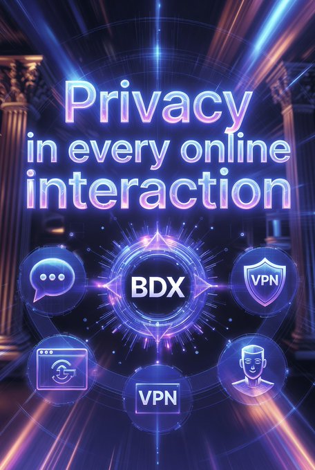 A vibrant digital graphic promoting online privacy with the text 'Privacy in every online interaction' and icons for messaging, VPN, and security, centered around a 'BDX' logo with classical columns in the background.