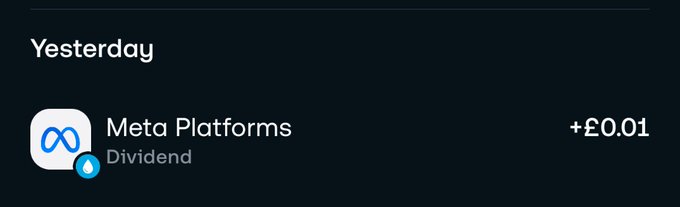 The image shows a dark-themed finance app notification for "Yesterday," displaying a Meta Platforms dividend payment of +£0.01, which corresponds to the user's post about receiving their first $META dividend of £0.01.