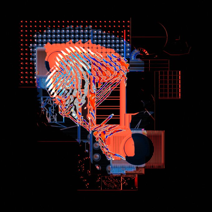 Abstract digital artwork with glitch-like distortions in red, blue, and orange against a black background, featuring geometric shapes and dot patterns.