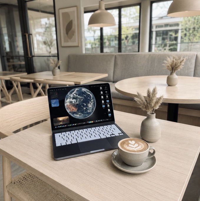 A laptop displaying an Earth wallpaper sits on a wooden cafe table next to a latte and a small vase with dried flowers, with a modern lounge area in the background.