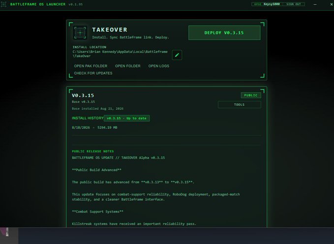 A software interface for 'BATTLEFRAME OS LAUNCHER v0.1.95' displaying a 'TAKEOVER' installation screen with version v0.3.15 release notes.
