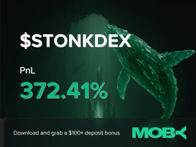 A promotional graphic for Moby featuring an underwater whale scene showcases a winning $STONKDEX trade with a PnL of 372.41%, highlighting the platform's $100+ deposit bonus offer and the token's rise from $76.54K to $987.06K market cap.