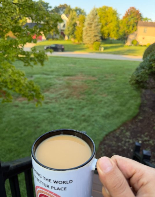 A hand holds a white mug filled with coffee, bearing the text "MAKING THE WORLD A BETTER PLACE," with a green lawn, trees, and houses visible in the background.